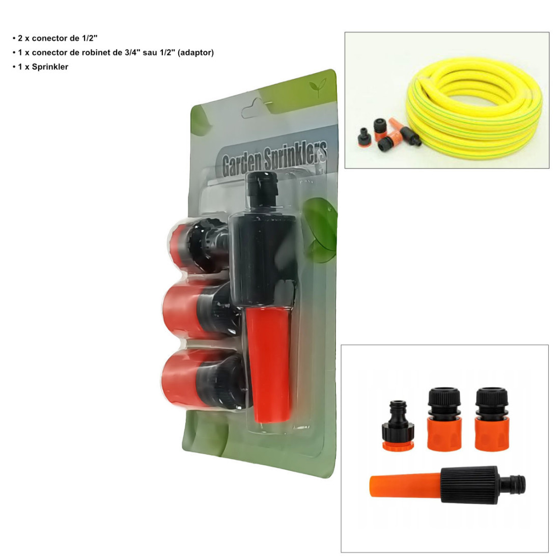 Set 4 conectori pentru furtun gradina, 2 buc x conector de 1/2", 1 buc x conector de robinet de 3/4" sau 1/2" (adaptor), 1 buc x Sprinkler Set 4 conectori pentru furtun gradina, 2 buc x conector de 1/2", 1 buc x conector de robinet de 3/4" sau 1/2" (adaptor), 1 buc x Sprinkler