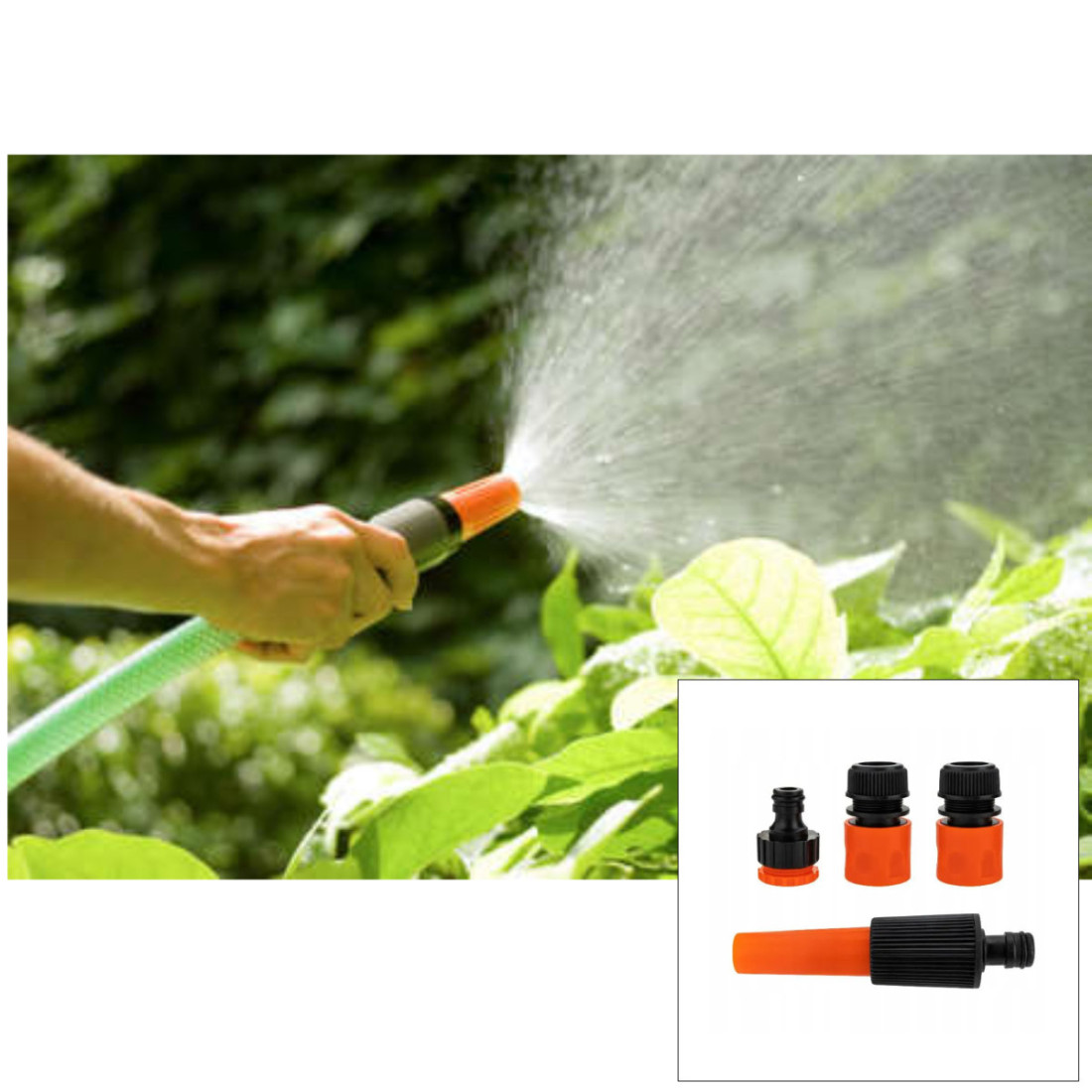 Set 4 conectori pentru furtun gradina, 2 buc x conector de 1/2", 1 buc x conector de robinet de 3/4" sau 1/2" (adaptor), 1 buc x Sprinkler Set 4 conectori pentru furtun gradina, 2 buc x conector de 1/2", 1 buc x conector de robinet de 3/4" sau 1/2" (adaptor), 1 buc x Sprinkler