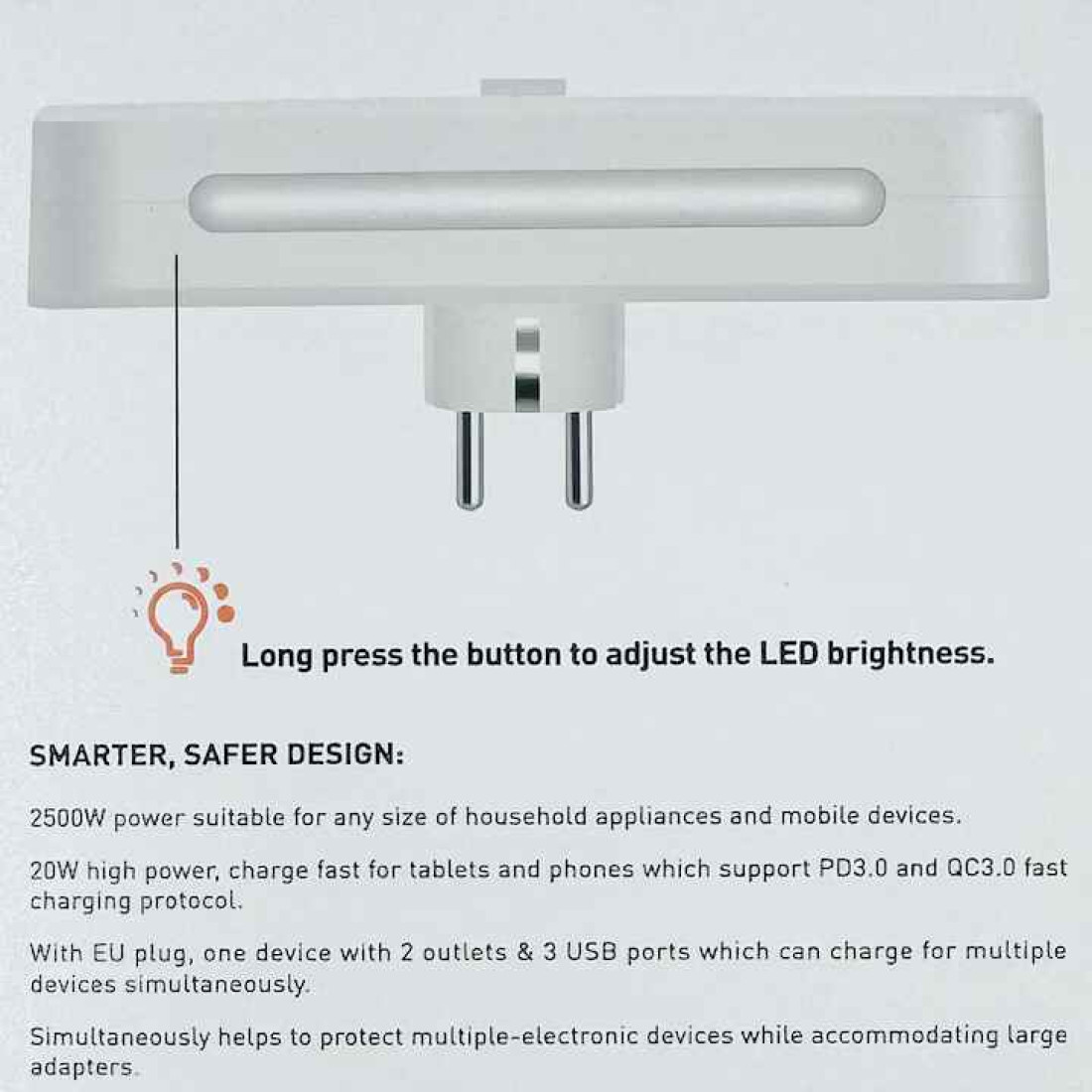 Adaptor priza, 2 prize, 3 porturi USB (2 x USB-A + 1 x USB-C), lampa LED Adaptor priza, 2 prize, 3 porturi USB (2 x USB-A + 1 x USB-C), lampa LED