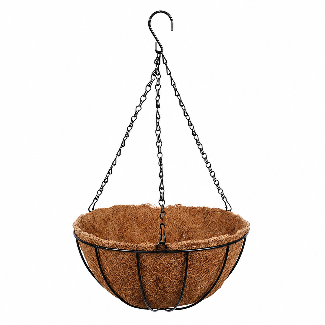 Cos ghiveci suspendat pentru flori, maro, otel + fibra cocos, cu lant si carlig, 30 cm diametru, design traditional rustic