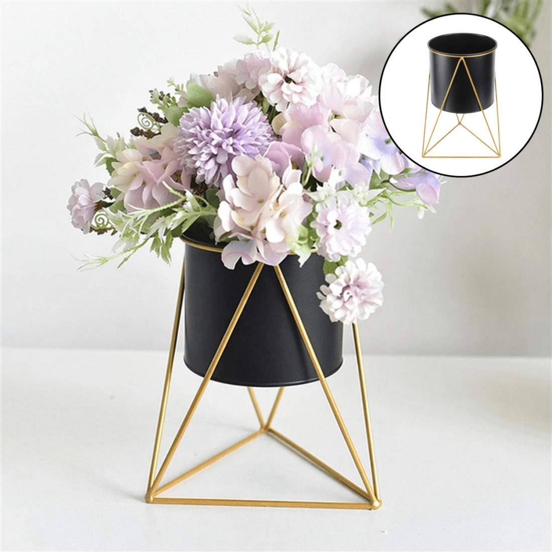 Suport metalic pentru ghiveci, auriu, vas 17 x 15.5 cm, suport 22 x 22 x 21.5 cm