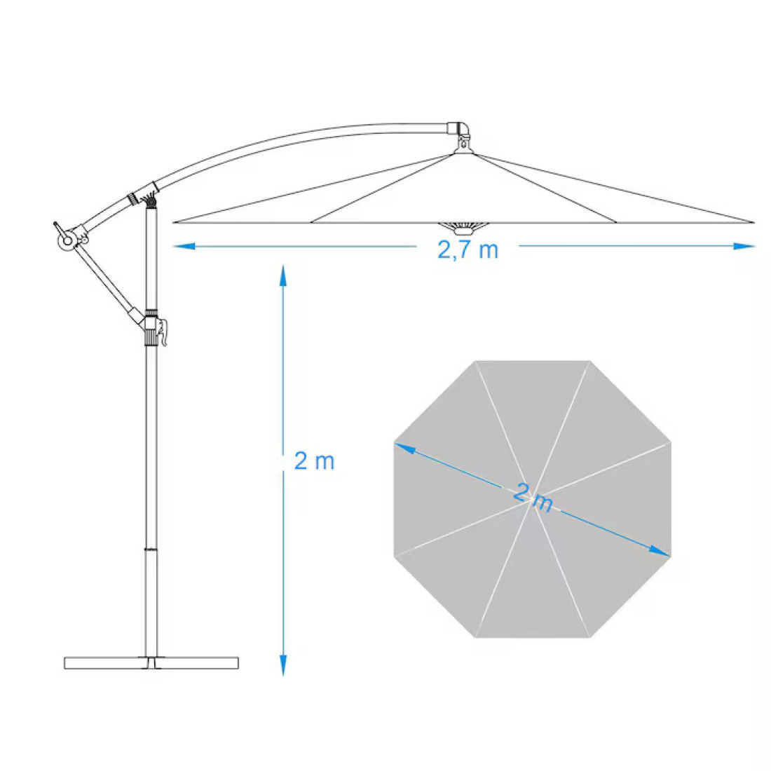 Umbrela de soare suspendata cu suport metalic, diametru mare, reglabila, protectie UV, pentru terasa si gradina