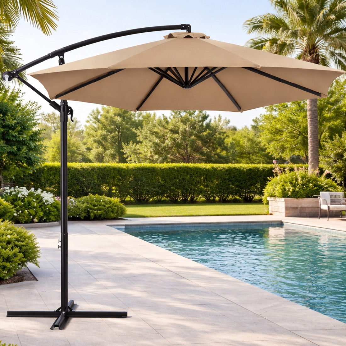 Umbrela de soare suspendata cu suport metalic, diametru mare, reglabila, protectie UV, pentru terasa si gradina