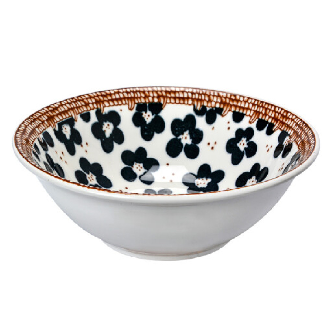 Bol ceramic decorativ alb cu model floral si margine maro, 18 cm diametru, 6 cm inaltime