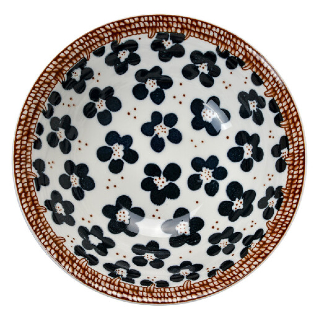 Bol ceramic decorativ alb cu model floral si margine maro, 18 cm diametru, 6 cm inaltime