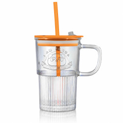 Cana din sticla cu capac etans, pai si maner, I AM PANDA, 400 ml