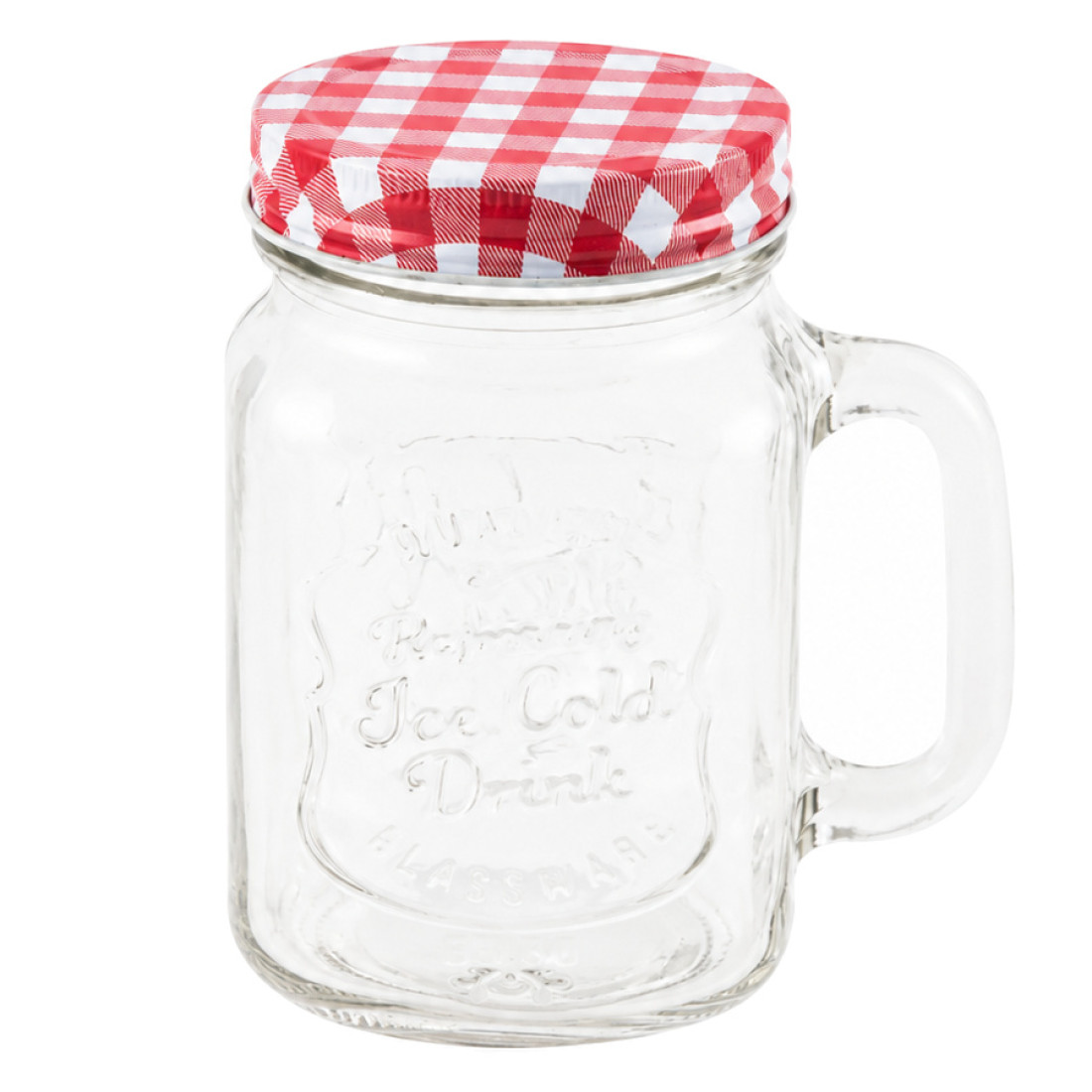 Cana din sticla pentru limonada, cu capac, 350 ml, rosu Cana din sticla pentru limonada, cu capac, 350 ml, rosu