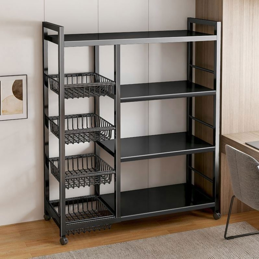 Carucior de depozitare multifunctional cu rafturi si 4 cosuri metalice, structura metalica, 82 x 30 x 135 cm Carucior de depozitare multifunctional cu rafturi si 4 cosuri metalice, structura metalica, 82 x 30 x 135 cm