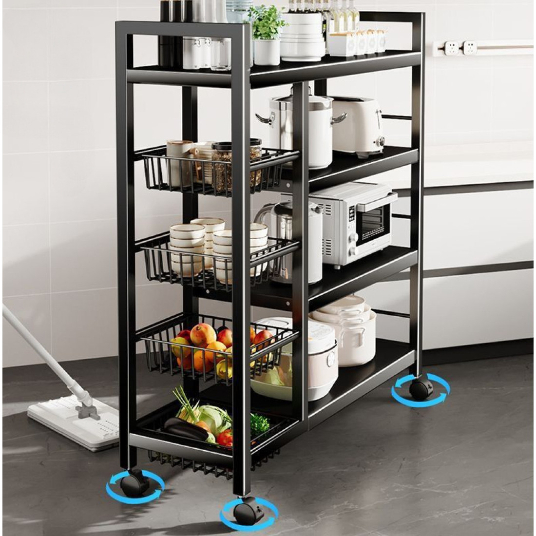 Carucior de depozitare multifunctional cu rafturi si 4 cosuri metalice, structura metalica, 82 x 30 x 135 cm Carucior de depozitare multifunctional cu rafturi si 4 cosuri metalice, structura metalica, 82 x 30 x 135 cm