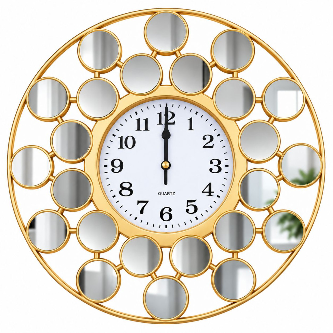 Ceas de perete decorativ cu oglinzi rotunde, 25 cm, design elegant, auriu Ceas de perete decorativ cu oglinzi rotunde, 25 cm, design elegant, auriu
