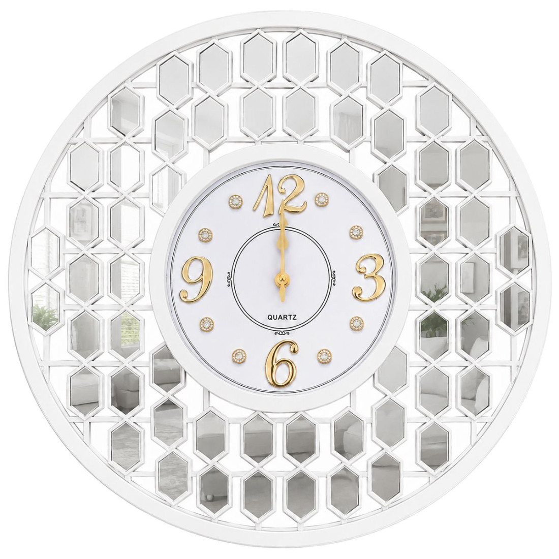 Ceas de perete 46 cm cu oglinzi, design geometric elegant, alb