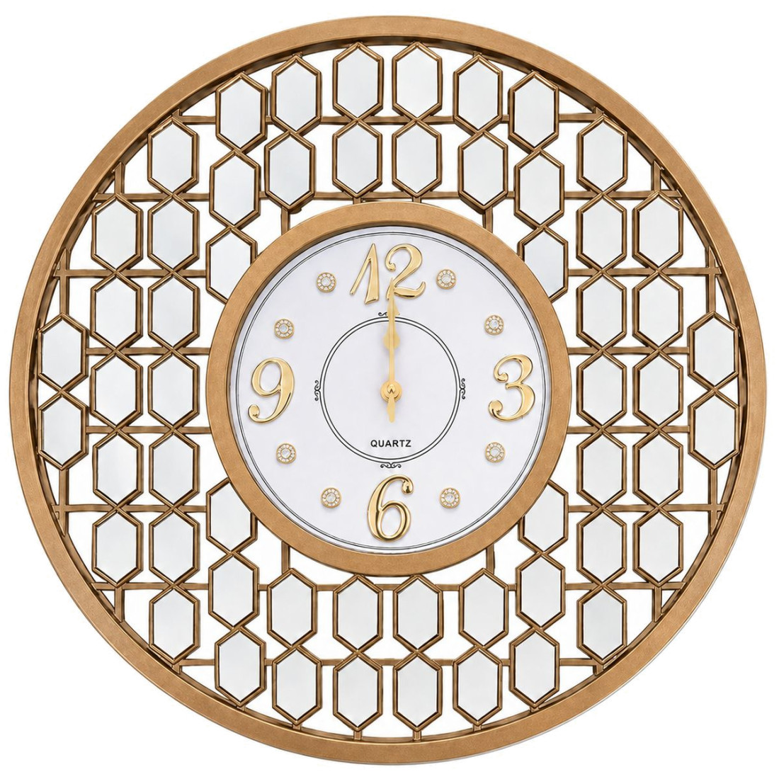 Ceas de perete 46 cm cu oglinzi, design geometric elegant, auriu