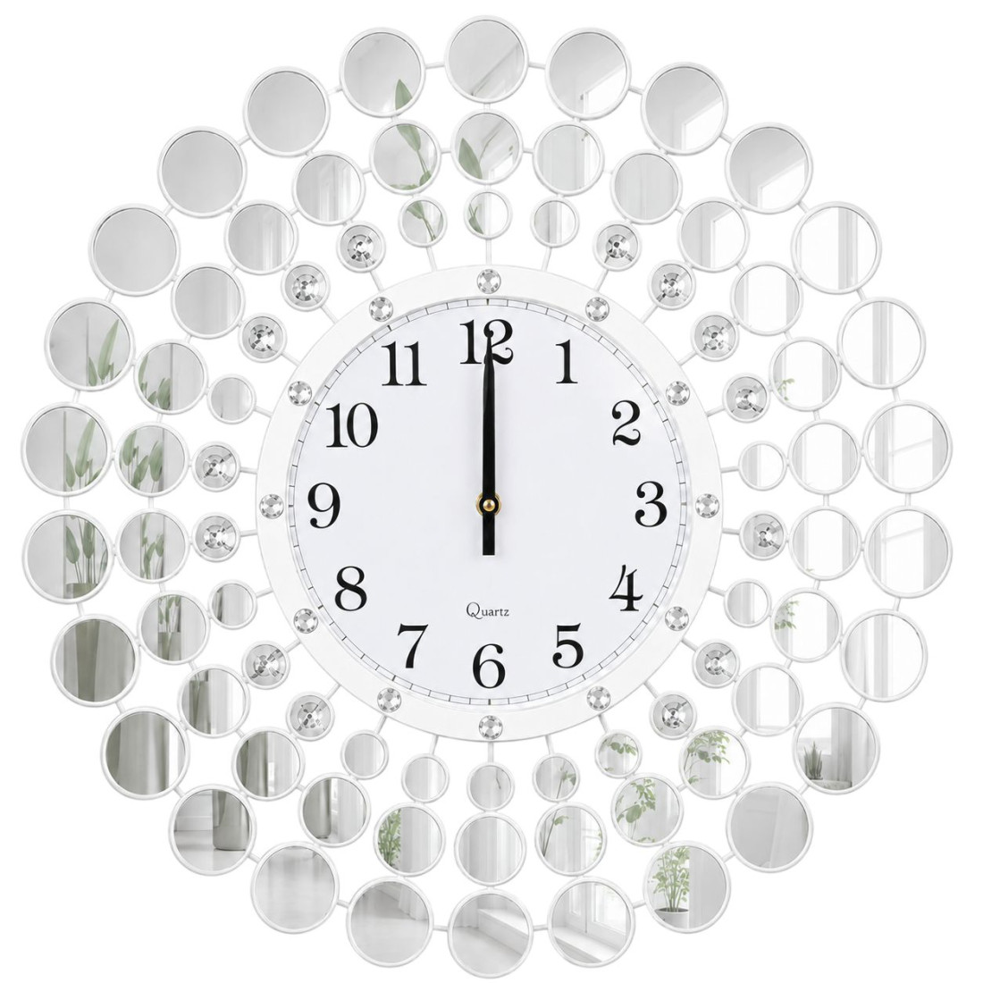 Ceas de perete 46 cm cu oglinzi, design elegant cu cercuri, alb