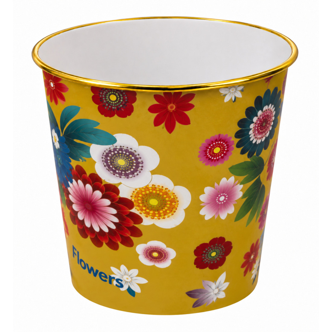 Cos de gunoi decorativ cu imprimeu floral, 24 x 26 cm, plastic, galben