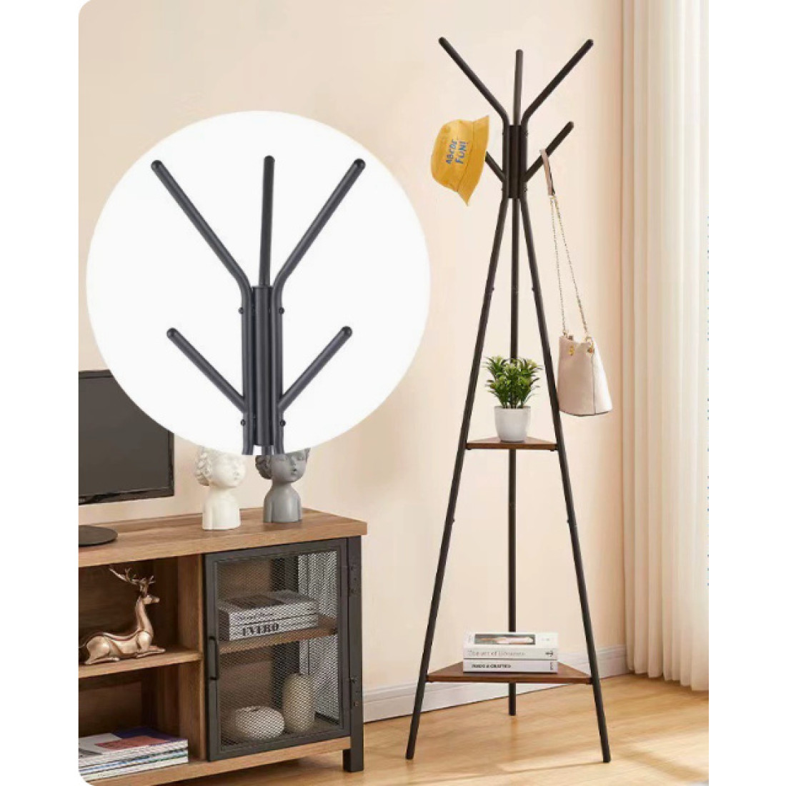 Cuier tip pom cu 5 agatatori, metal + lemn, negru Cuier tip pom cu 5 agatatori, metal + lemn, negru
