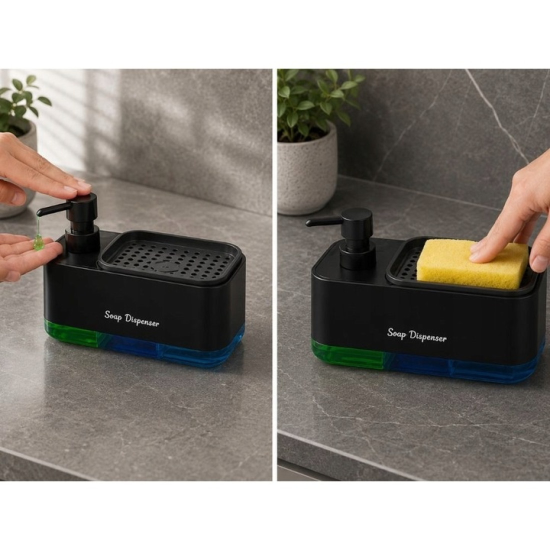 Dozator sapun si detergent vase 2 in 1, cu suport pentru burete, design simplu de curatat, set 2 dozatoare, baza antiderapanta Dozator sapun si detergent vase 2 in 1, cu suport pentru burete, design simplu de curatat, set 2 dozatoare, baza antiderapanta