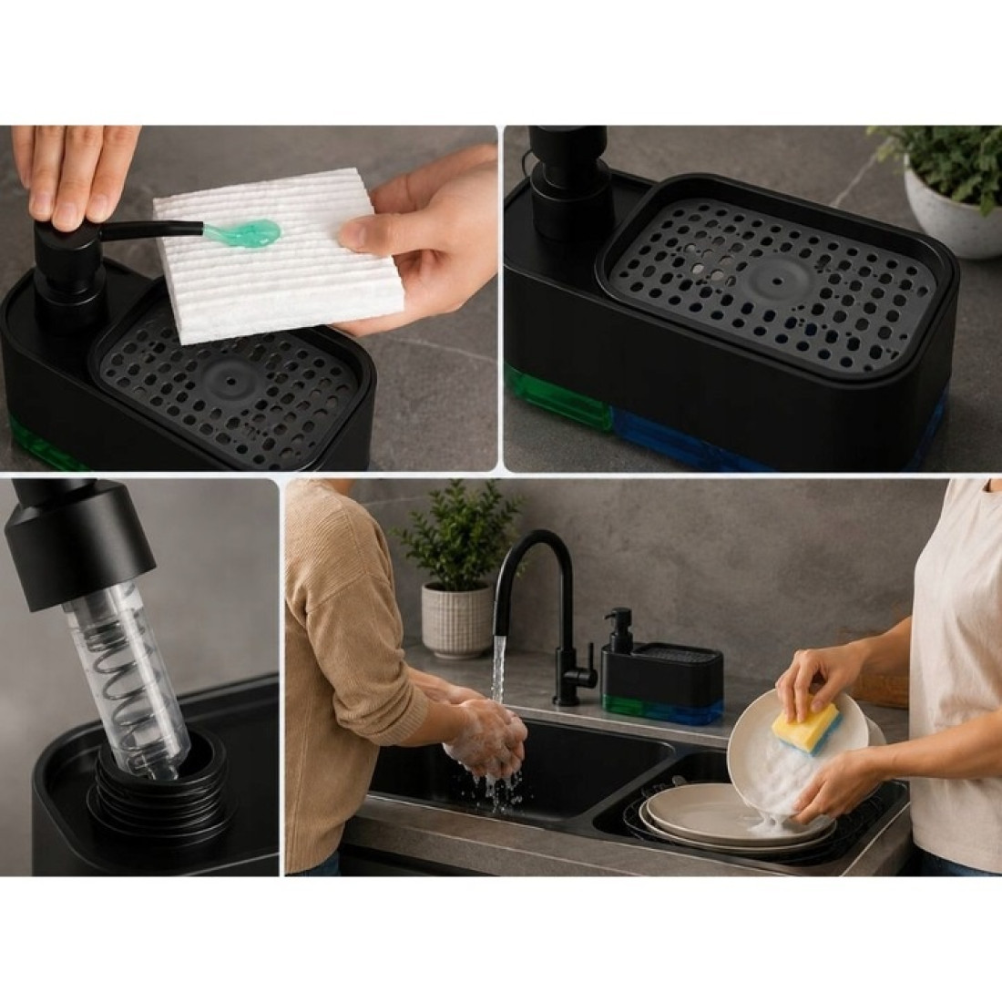 Dozator sapun si detergent vase 2 in 1, cu suport pentru burete, design simplu de curatat, set 2 dozatoare, baza antiderapanta Dozator sapun si detergent vase 2 in 1, cu suport pentru burete, design simplu de curatat, set 2 dozatoare, baza antiderapanta