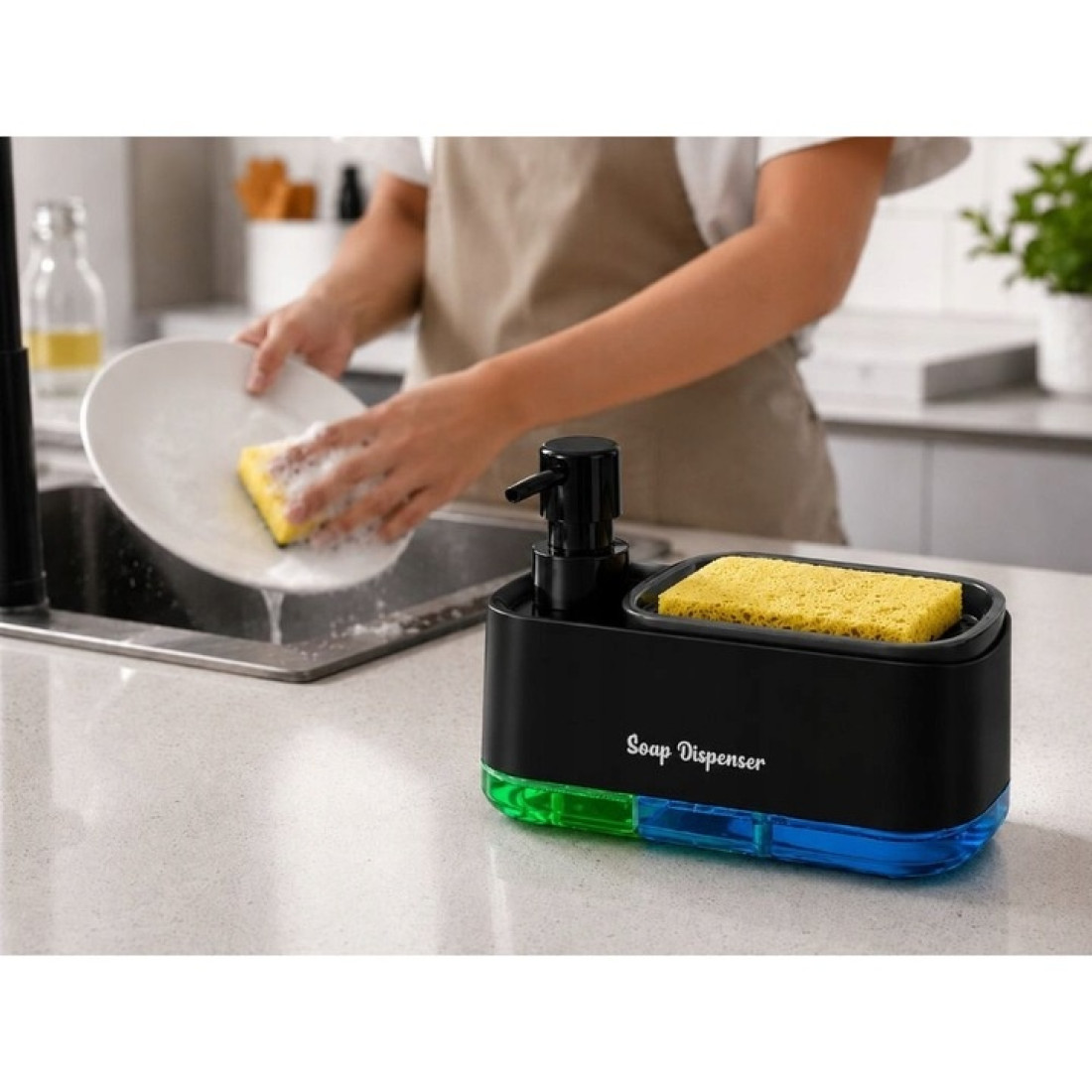 Dozator sapun si detergent vase 2 in 1, cu suport pentru burete, design simplu de curatat, set 2 dozatoare, baza antiderapanta Dozator sapun si detergent vase 2 in 1, cu suport pentru burete, design simplu de curatat, set 2 dozatoare, baza antiderapanta