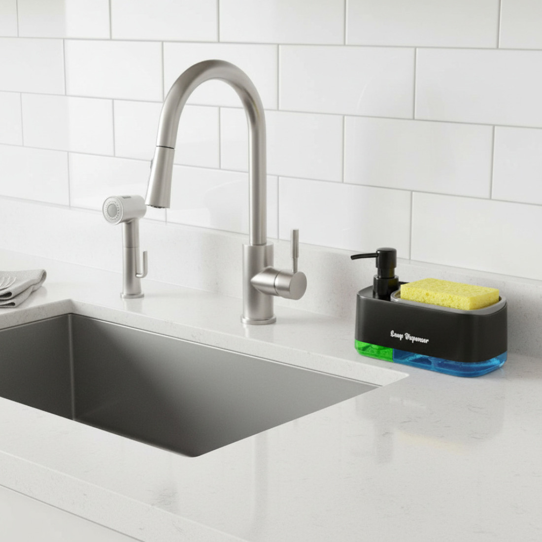 Dozator sapun si detergent vase 2 in 1, cu suport pentru burete, design simplu de curatat, set 2 dozatoare, baza antiderapanta Dozator sapun si detergent vase 2 in 1, cu suport pentru burete, design simplu de curatat, set 2 dozatoare, baza antiderapanta