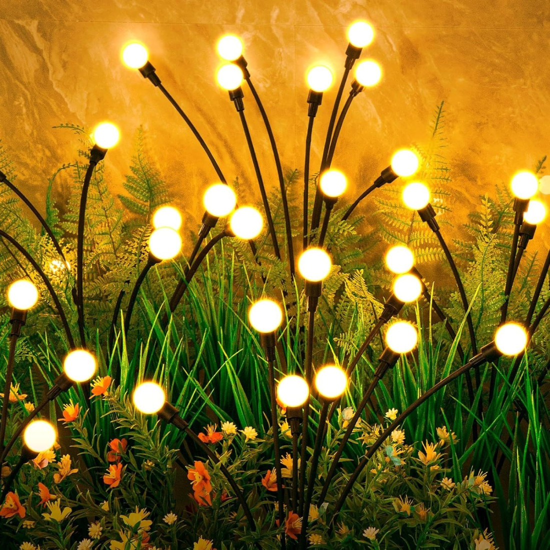 Set 2 Lampi Solare LED pentru Gradina, Lumina Alb Cald, 6 Bulbi Decorativi, Efect Licurici, Iluminare Exterior