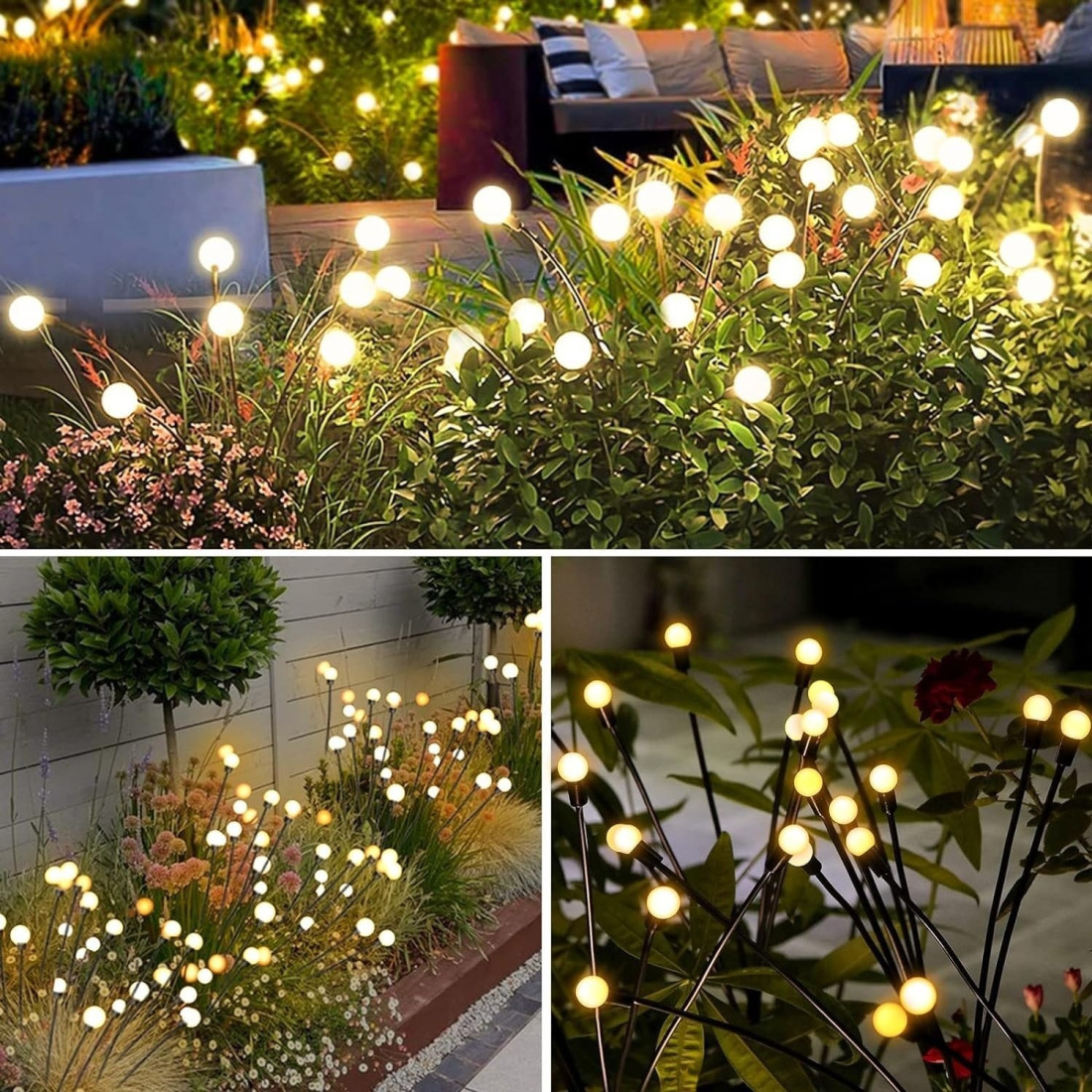 Set 2 Lampi Solare LED pentru Gradina, Lumina Alb Cald, 6 Bulbi Decorativi, Efect Licurici, Iluminare Exterior