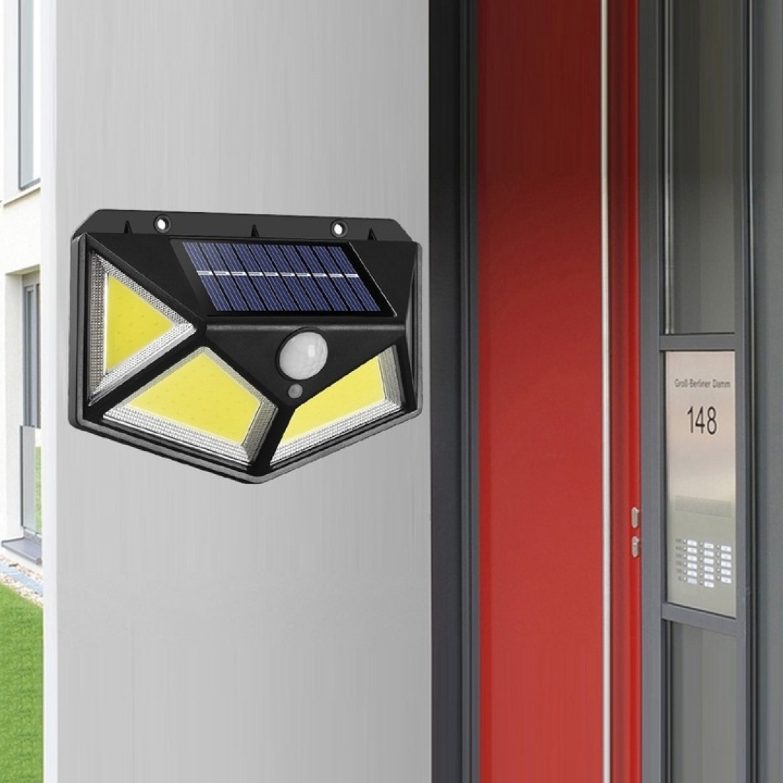 Lampa solara de perete cu senzor de miscare, 100 LED-uri, lumina alba, IP65, incarcare solara, 14 x 10 x 6 cm Lampa solara de perete cu senzor de miscare, 100 LED-uri, lumina alba, IP65, incarcare solara, 14 x 10 x 6 cm