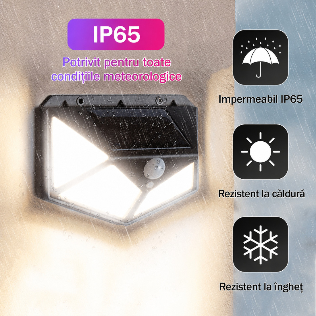 Lampa solara de perete cu senzor de miscare, 100 LED-uri, lumina alba, IP65, incarcare solara, 14 x 10 x 6 cm Lampa solara de perete cu senzor de miscare, 100 LED-uri, lumina alba, IP65, incarcare solara, 14 x 10 x 6 cm