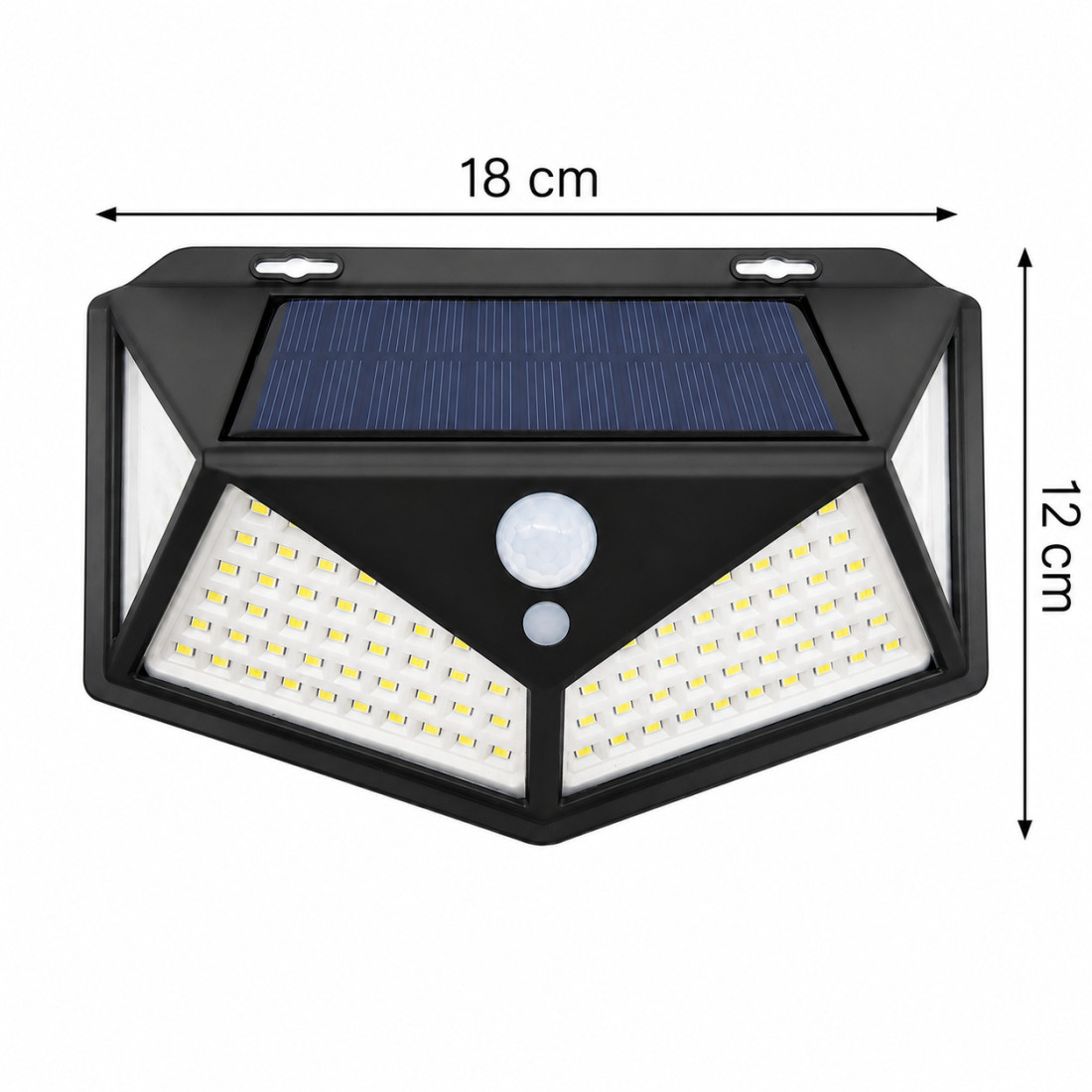 Lampa solara de perete cu senzor de miscare, 114 LED-uri, 700 lm, baterie 1200 mAh, lumina alba rece, detectie 3-5 m, IP65, incarcare solara, 18 x 12 x 6 cm Lampa solara de perete cu senzor de miscare, 114 LED-uri, 700 lm, baterie 1200 mAh, lumina alba rece, detectie 3-5 m, IP65, incarcare solara, 18 x 12 x 6 cm