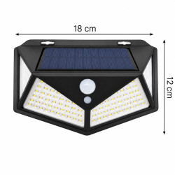 Lampa solara de perete cu senzor de miscare, 114 LED-uri, 700 lm, baterie 1200 mAh, lumina alba rece, detectie 3-5 m, IP65, incarcare solara, 18 x 12 x 6 cm Lampa solara de perete cu senzor de miscare, 114 LED-uri, 700 lm, baterie 1200 mAh, lumina alba rece, detectie 3-5 m, IP65, incarcare solara, 18 x 12 x 6 cm