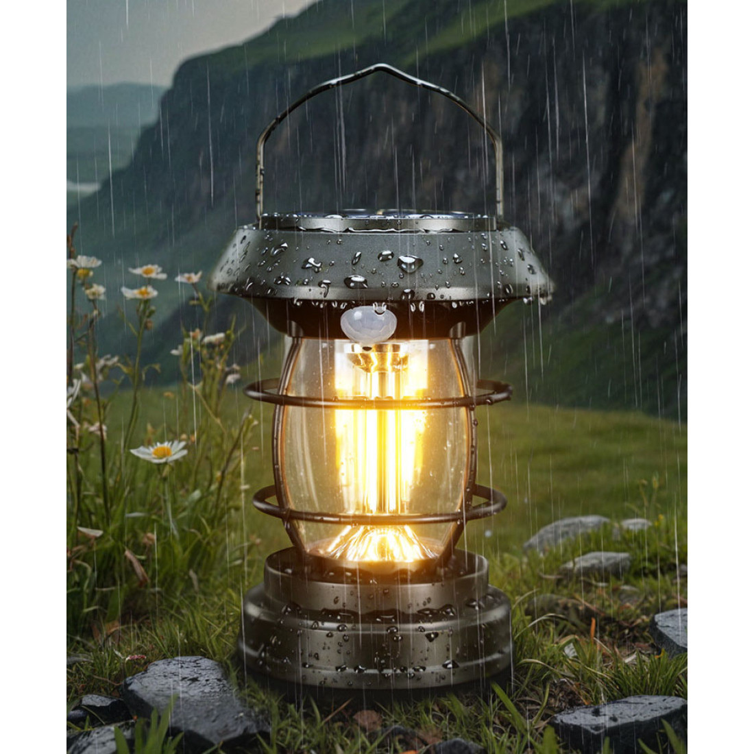 Lampa solara tip felinar BK-5808 cu senzor de miscare, USB Type-C, 4 moduri iluminare, IP65, 1200mAh, fara fire, pentru gradina, terasa, balcon, camping