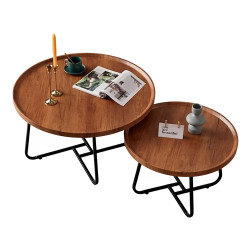 Set 2 masute de cafea rotunde, stil modern industrial, blat caramel, picioare metalice negre, 70x70x46 cm + 50x50x39 cm