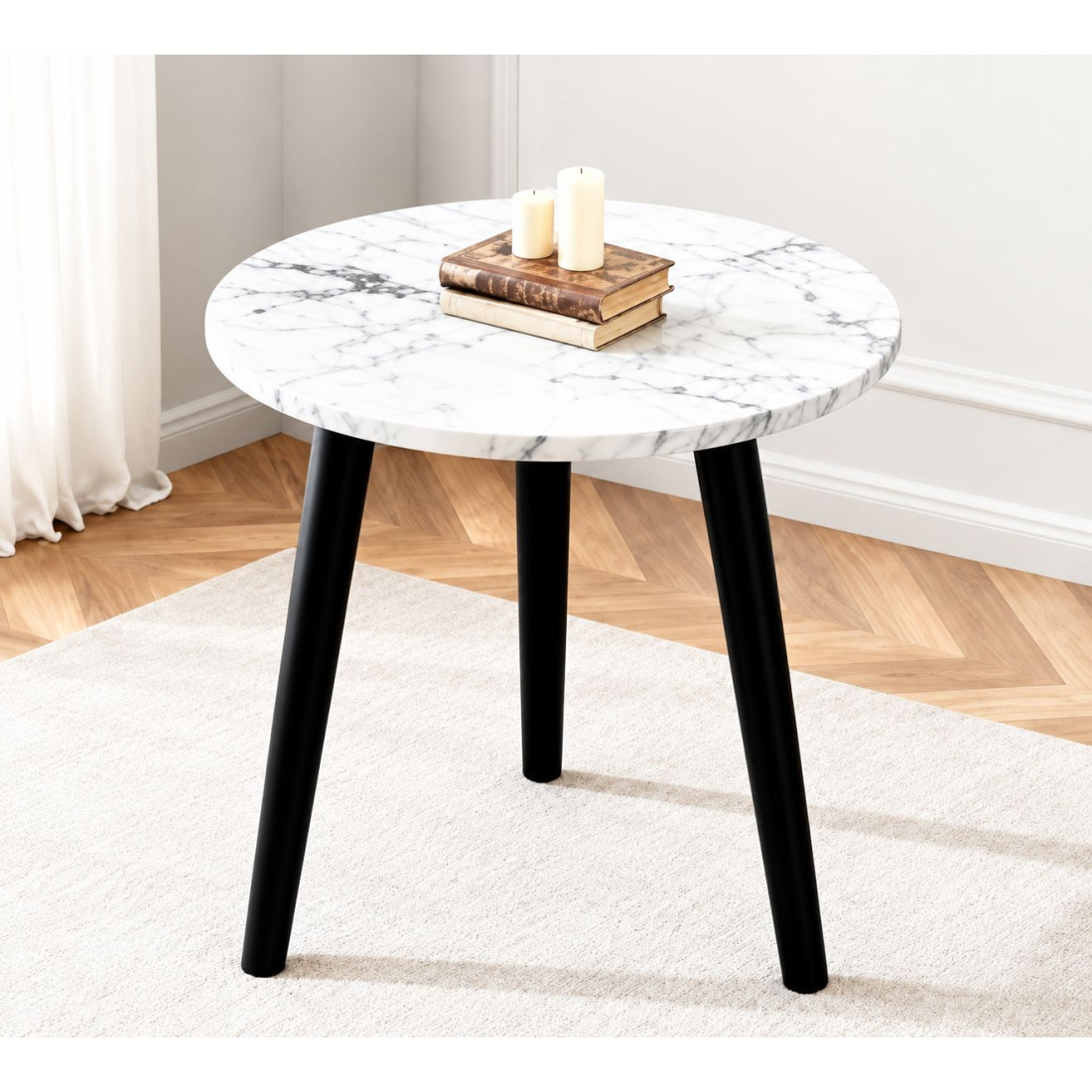 Masa rotunda, blat aspect marmura alba, picioare negre, 40 x 40 x 52 cm Masa rotunda, blat aspect marmura alba, picioare negre, 40 x 40 x 52 cm