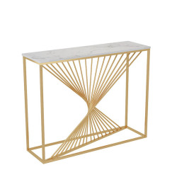 Suport decorativ auriu din metal cu blat alb, design geometric modern, 120 x 40 x 75 cm