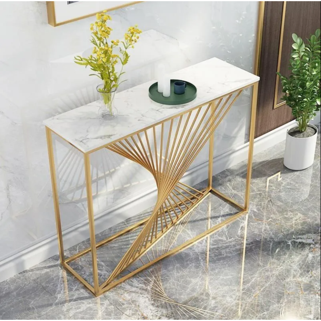 Suport decorativ auriu din metal cu blat alb, design geometric modern, 120 x 40 x 75 cm Suport decorativ auriu din metal cu blat alb, design geometric modern, 120 x 40 x 75 cm