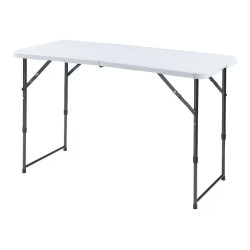 Masa pliabila 120 x 60 cu inaltime reglabila in 2 trepte (60cm, 74cm), portabila, maner de prindere, structura metalica, blat din plastic rezistent, usor de transportat, alb