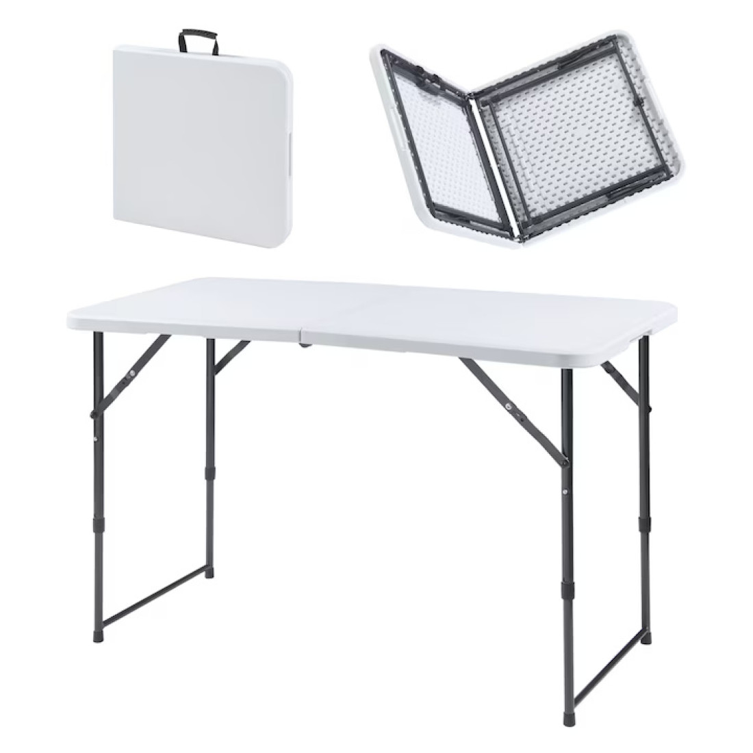 Masa pliabila 120 x 60 cu inaltime reglabila in 2 trepte (60cm, 74cm), portabila, maner de prindere, structura metalica, blat din plastic rezistent, usor de transportat, alb Masa pliabila 120 x 60 cu inaltime reglabila in 2 trepte (60cm, 74cm), portabila, maner de prindere, structura metalica, blat din plastic rezistent, usor de transportat, alb