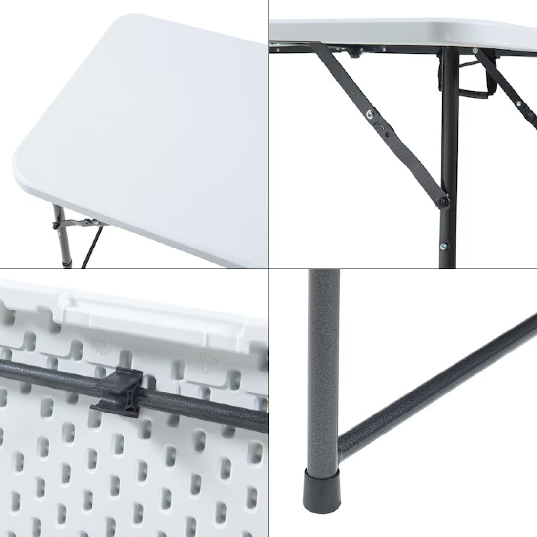 Masa pliabila 120 x 60 cu inaltime reglabila in 2 trepte (60cm, 74cm), portabila, maner de prindere, structura metalica, blat din plastic rezistent, usor de transportat, alb Masa pliabila 120 x 60 cu inaltime reglabila in 2 trepte (60cm, 74cm), portabila, maner de prindere, structura metalica, blat din plastic rezistent, usor de transportat, alb