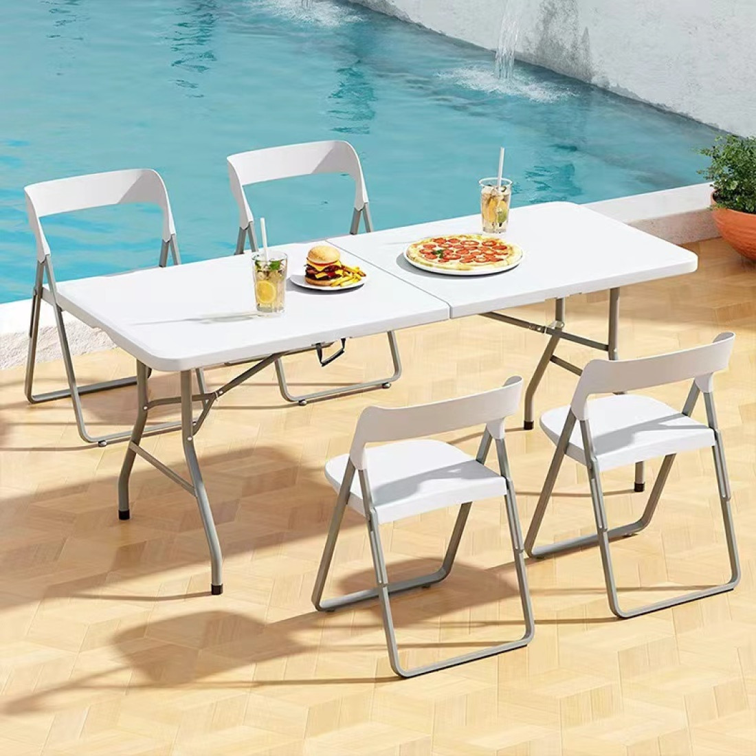 Masa pliabila 152 x 70 x 74 cm, portabila, structura metalica, blat din plastic rezistent, usor de transportat, alb Masa pliabila 152 x 70 x 74 cm, portabila, structura metalica, blat din plastic rezistent, usor de transportat, alb