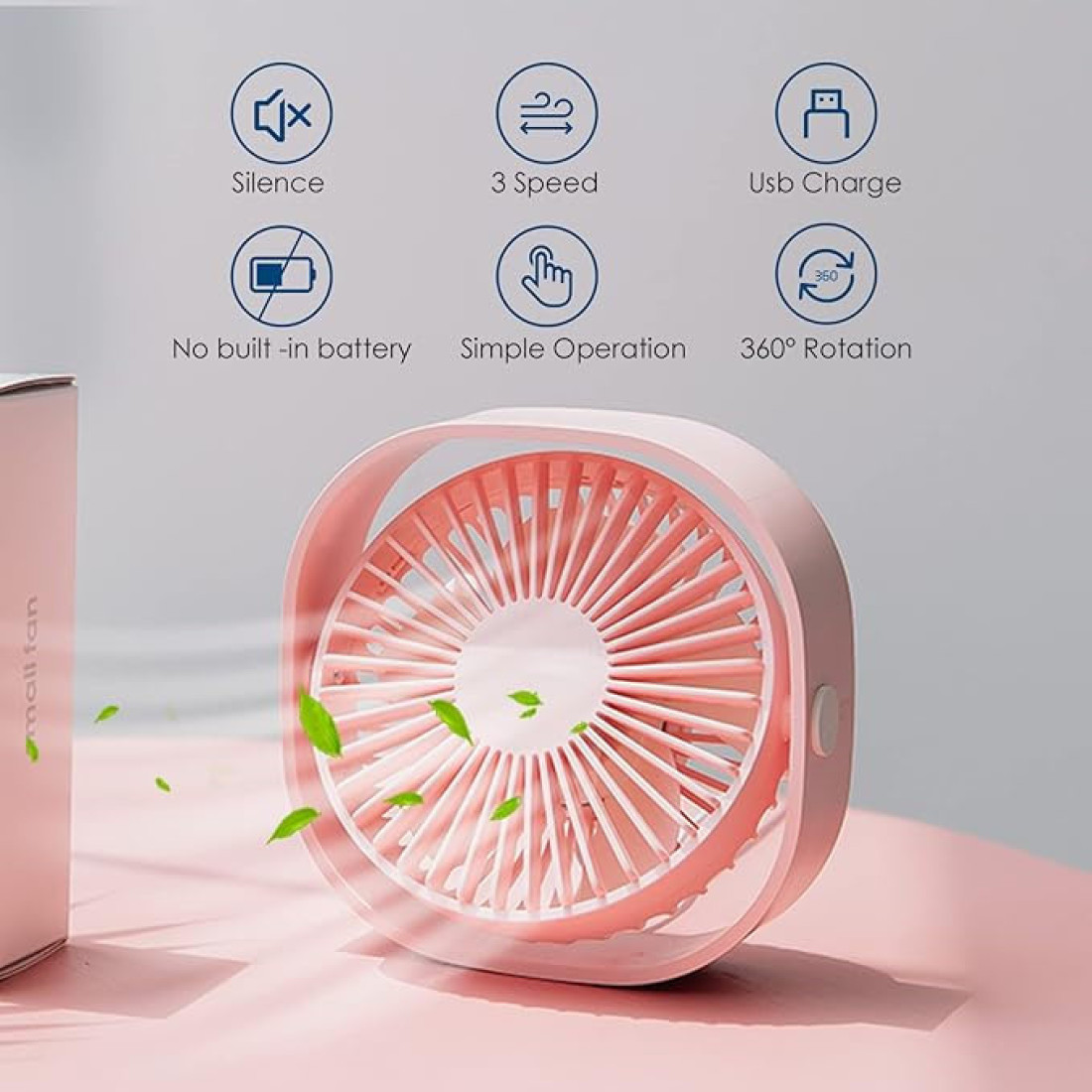 Mini ventilator portabil, rotire 360°, conectare USB, 3 niveluri de reglare a vitezei, potrivit pentru acasa, birou, somn