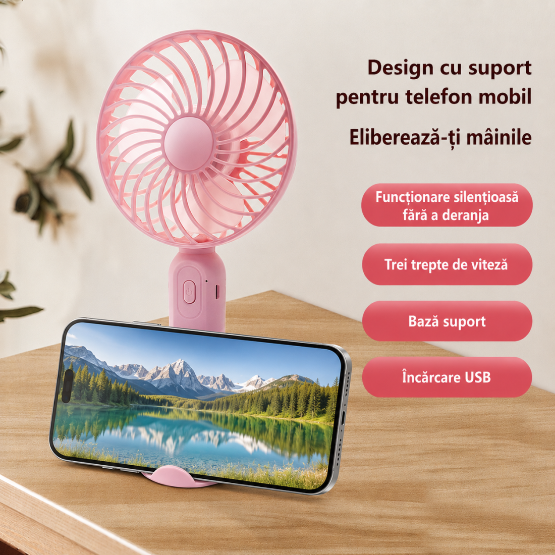 Mini ventilator F9, portabil, silentios, cu suport de birou detasabil, 3 trepte de viteza, design compact, reincarcare USB, ideal pentru calatorii, birou, terasa