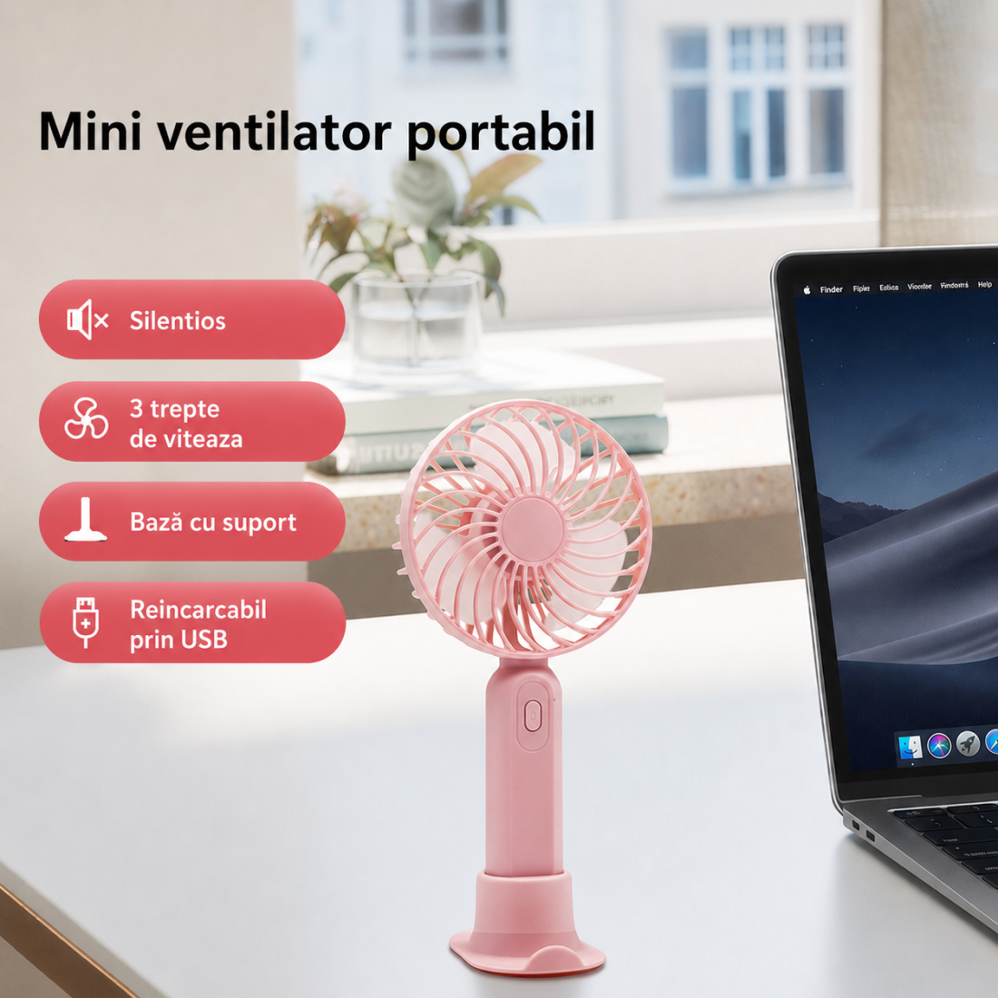 Mini ventilator F9, portabil, silentios, cu suport de birou detasabil, 3 trepte de viteza, design compact, reincarcare USB, ideal pentru calatorii, birou, terasa