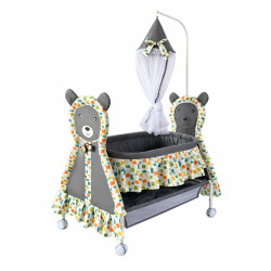 Patut bebe ursulet cu roti si perdea, design elegant si confortabil, gri