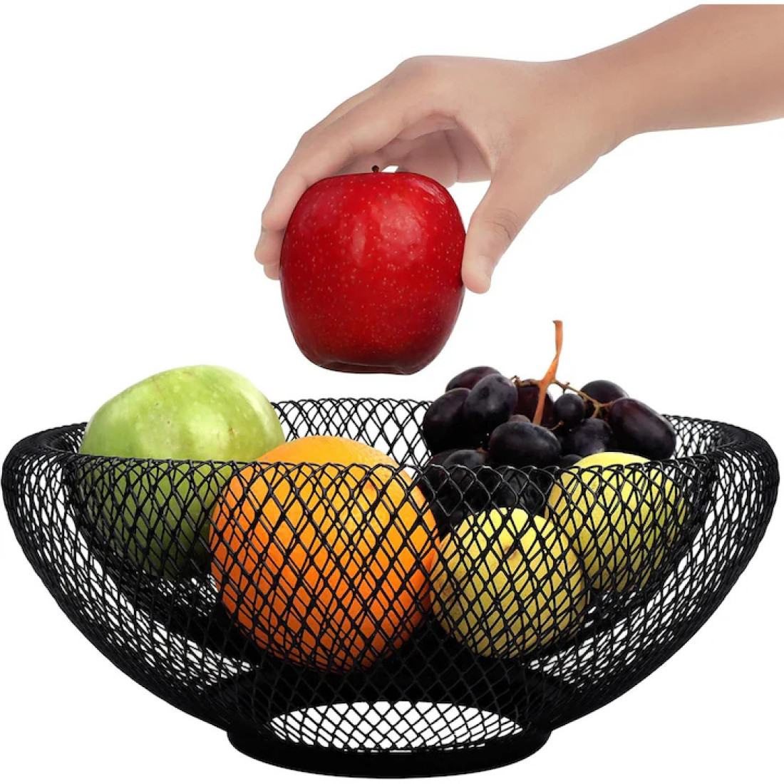 Cos pentru fructe metalic din plasa metalica, design elegant cu spirala unica, negru, 25 x 25 x 10 cm
