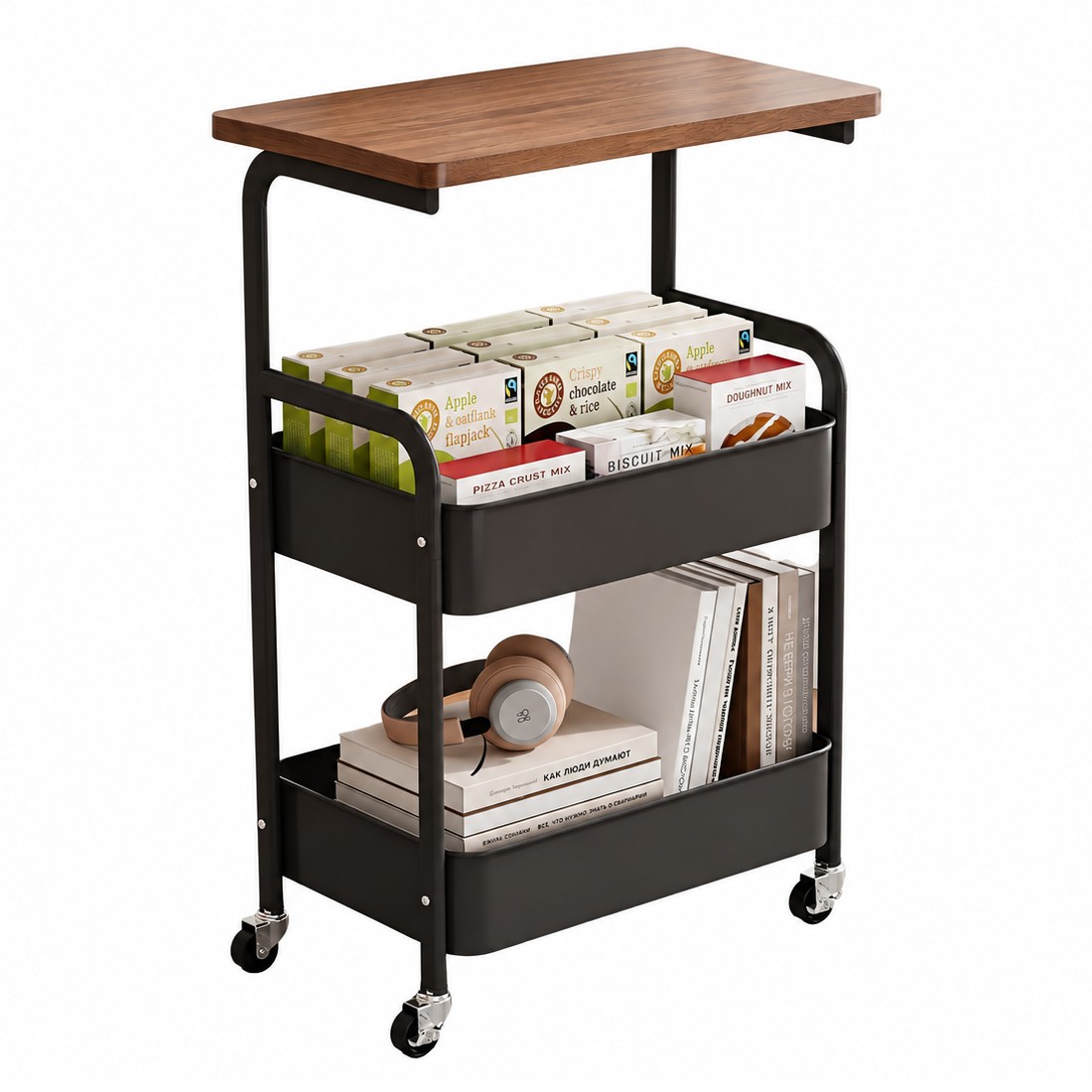 Carucior de depozitare multifunctional cu 2 cosuri si blat superior, pe roti, cadru metalic, 44 x 30 x 77 cm Carucior de depozitare multifunctional cu 2 cosuri si blat superior, pe roti, cadru metalic, 44 x 30 x 77 cm