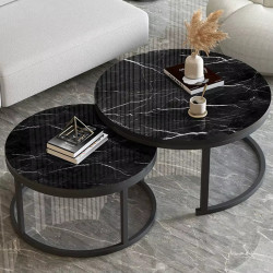 Set 2 masute de cafea rotunde, blat aspect marmura neagra, cadru metalic negru, 50x36.5 cm + 70x44 cm, design modern