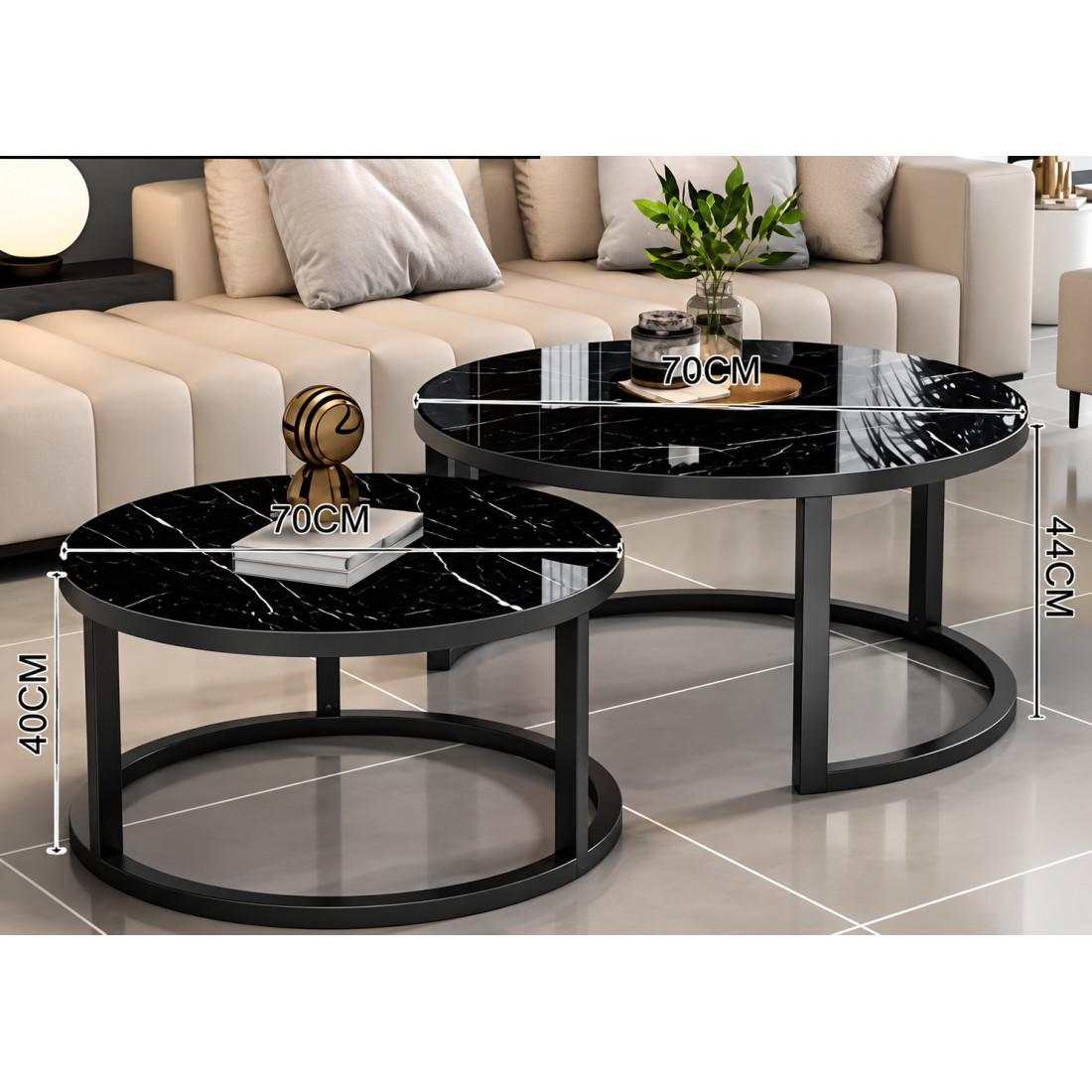 Set 2 masute de cafea rotunde, blat aspect marmura neagra, cadru metalic negru, 50x36.5 cm + 70x44 cm, design modern Set 2 masute de cafea rotunde, blat aspect marmura neagra, cadru metalic negru, 50x36.5 cm + 70x44 cm, design modern