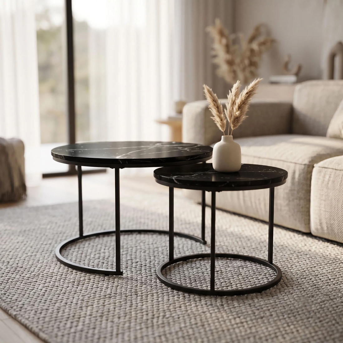 Set 2 masute de cafea rotunde, blat aspect marmura neagra, cadru metalic negru, 50x36.5 cm + 70x44 cm, design modern Set 2 masute de cafea rotunde, blat aspect marmura neagra, cadru metalic negru, 50x36.5 cm + 70x44 cm, design modern