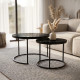 Set 2 masute de cafea rotunde, blat aspect marmura neagra, cadru metalic negru, 50x36.5 cm + 70x44 cm, design modern Set 2 masute de cafea rotunde, blat aspect marmura neagra, cadru metalic negru, 50x36.5 cm + 70x44 cm, design modern