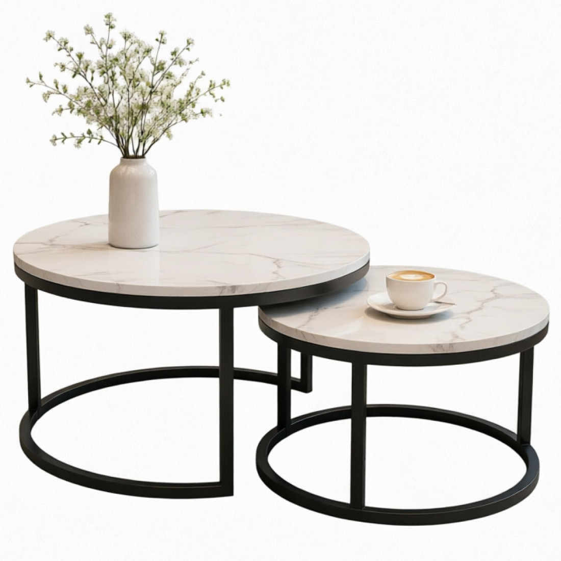 Set 2 masute de cafea suprapuse, blat aspect marmura alba, cadru metalic negru, design modern, 70 x 44 cm + 50 x 36,5 cm Set 2 masute de cafea suprapuse, blat aspect marmura alba, cadru metalic negru, design modern, 70 x 44 cm + 50 x 36,5 cm