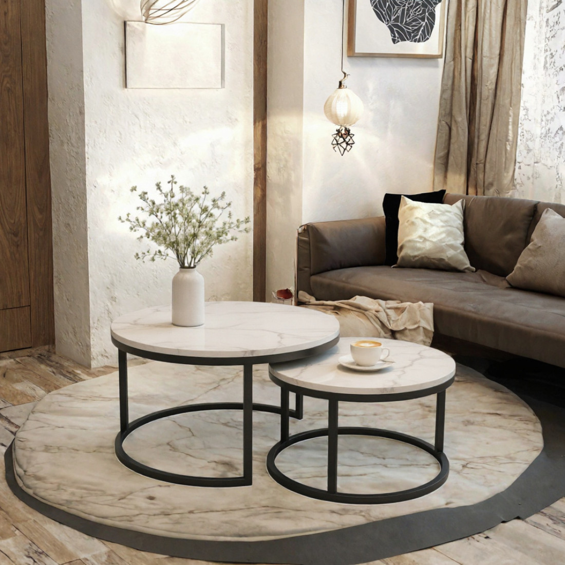 Set 2 masute de cafea suprapuse, blat aspect marmura alba, cadru metalic negru, design modern, 70 x 44 cm + 50 x 36,5 cm Set 2 masute de cafea suprapuse, blat aspect marmura alba, cadru metalic negru, design modern, 70 x 44 cm + 50 x 36,5 cm